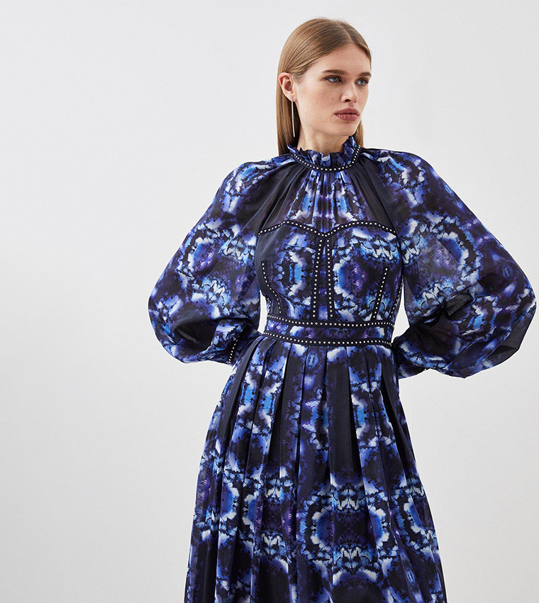 Silk Cotton Border Print Woven Midi Dress