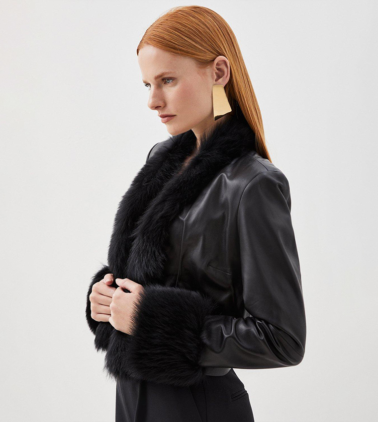 Buy Karen Millen Leather Shearling Cuff & Collar Jacket In Black ...