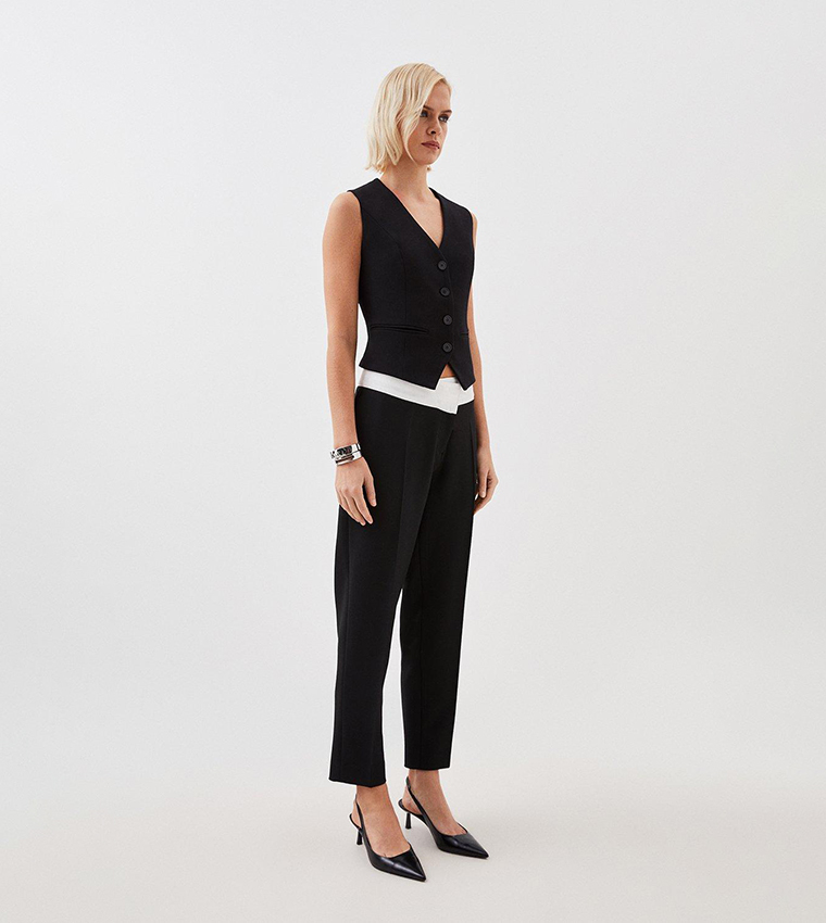 KAREN MILLEN Petite Leather Button Detail Trouser in Black