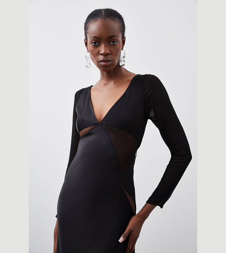 Ooto Sheer Paneled Long Sleeves Woven Maxi Dress