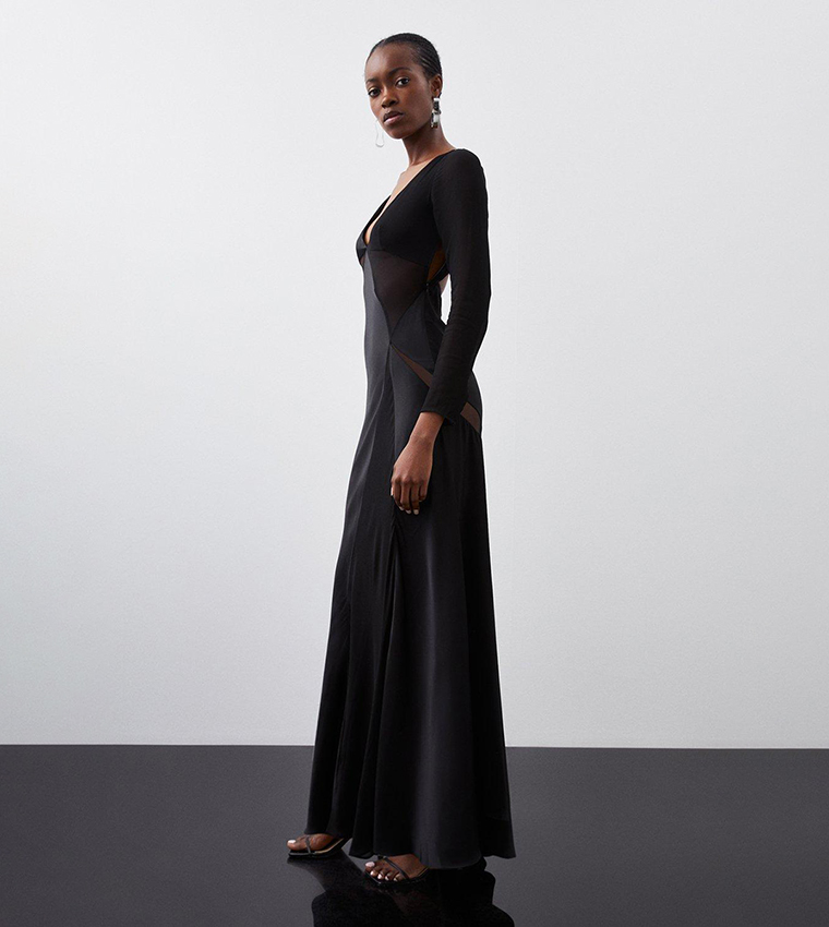 Ooto Sheer Paneled Long Sleeves Woven Maxi Dress