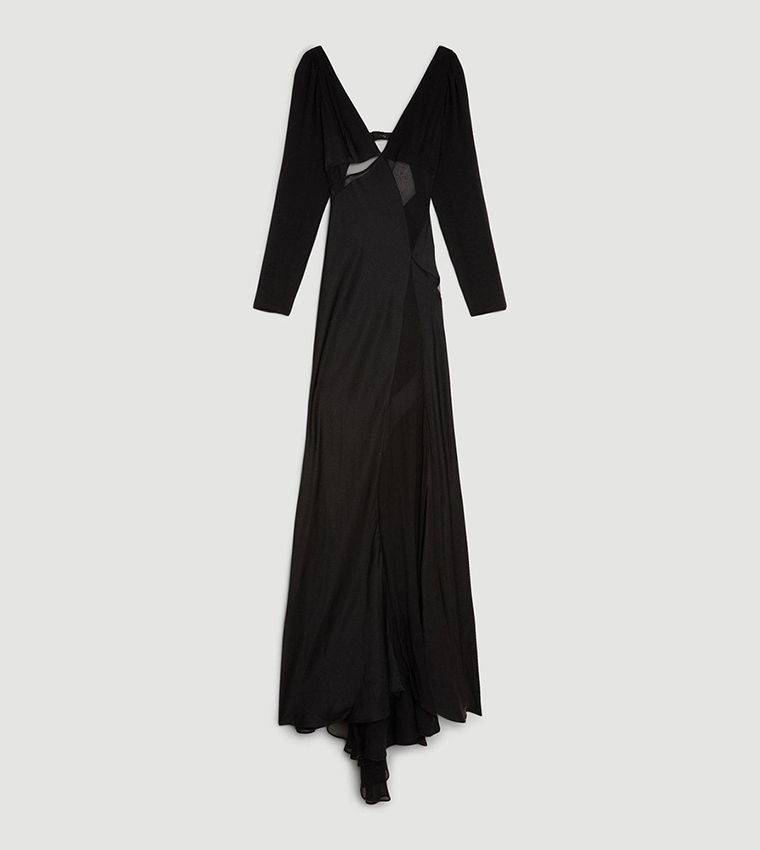 Ooto Sheer Paneled Long Sleeves Woven Maxi Dress