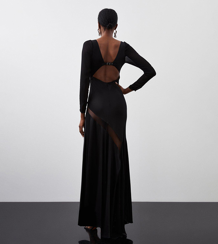 Ooto Sheer Paneled Long Sleeves Woven Maxi Dress