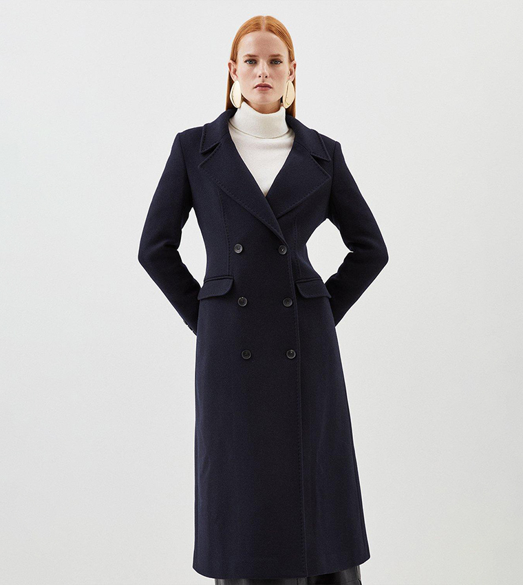 Buy Karen Millen Italian Wool Double Breasted Longline Coat In Navy ...