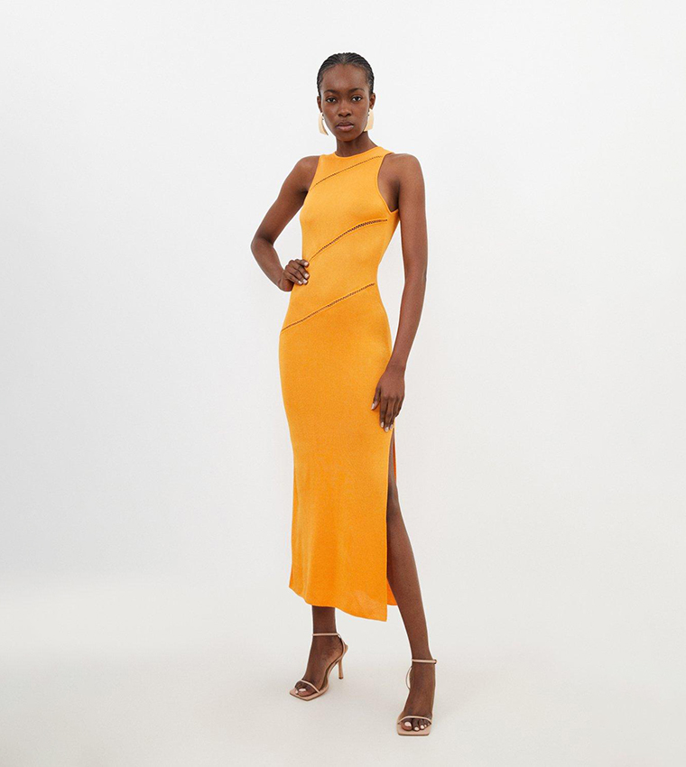 Buy Karen Millen Petite Slinky Viscose Knit Seam Detail Maxi Dress In Yellow 6thStreet Oman