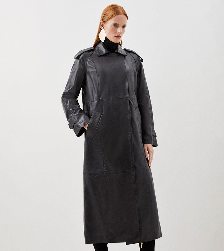 Buy Karen Millen Leather Minimal Clean Midi Coat In Black | 6thStreet Oman