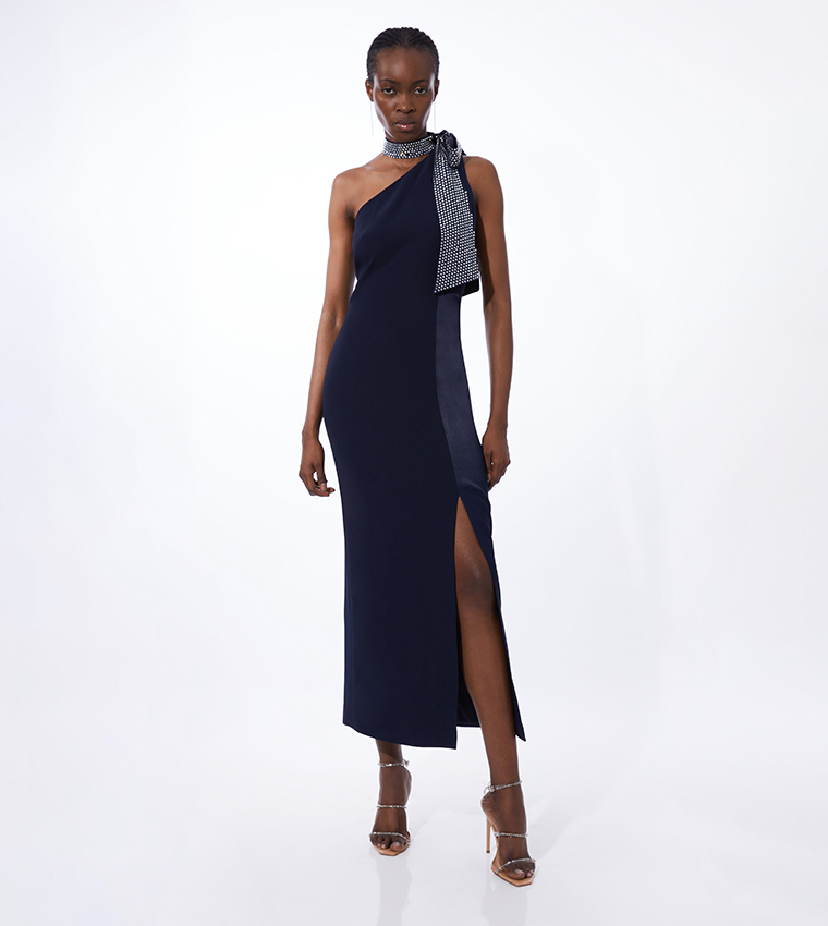 Buy Karen Millen Viscose Satin Back Crepe Embellished Tie Detail Midi Dress  In Navy