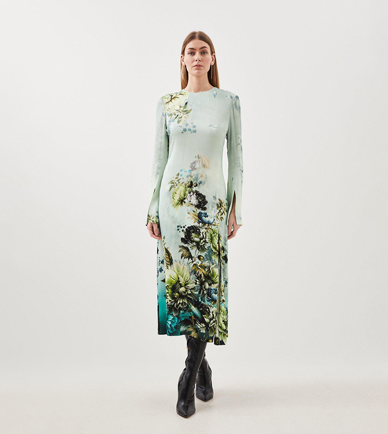 Buy Karen Millen Garden Floral Woven Viscose Satin Midi Dress In Blue
