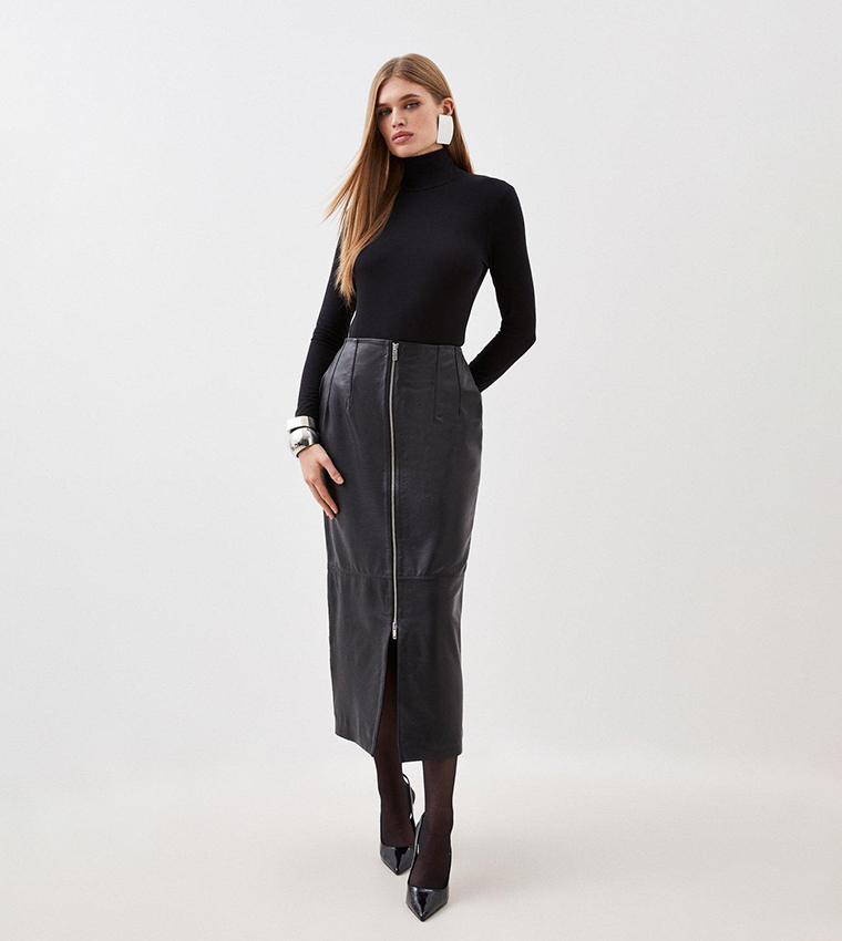 Buy Karen Millen Leather Zip Through Maxi Pencil Skirt In Black