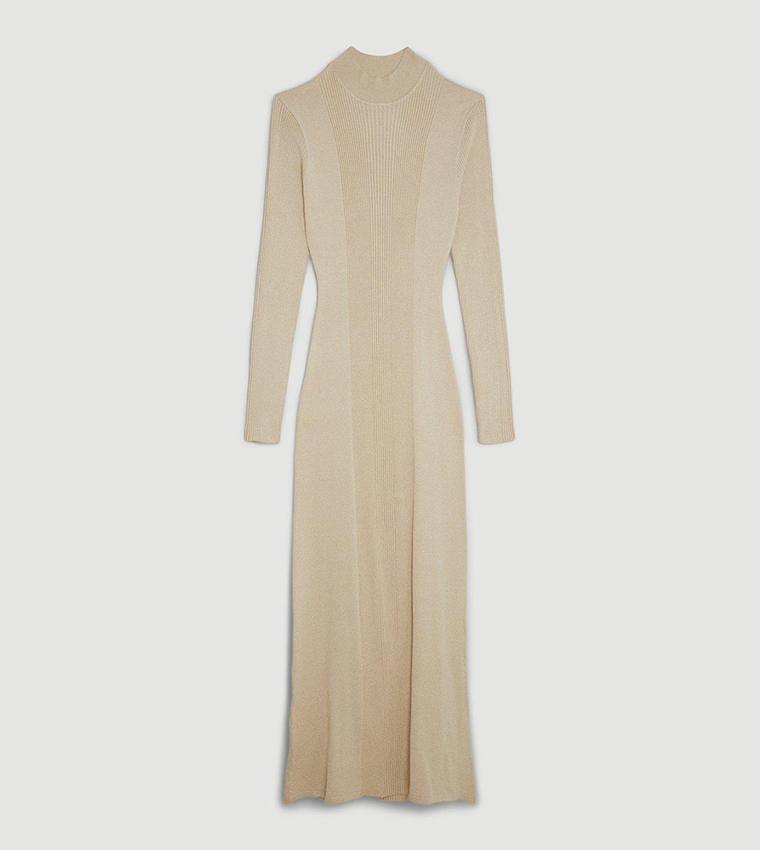 Buy Karen Millen Viscose Blend Long Neck Knit Maxi Dress In Beige