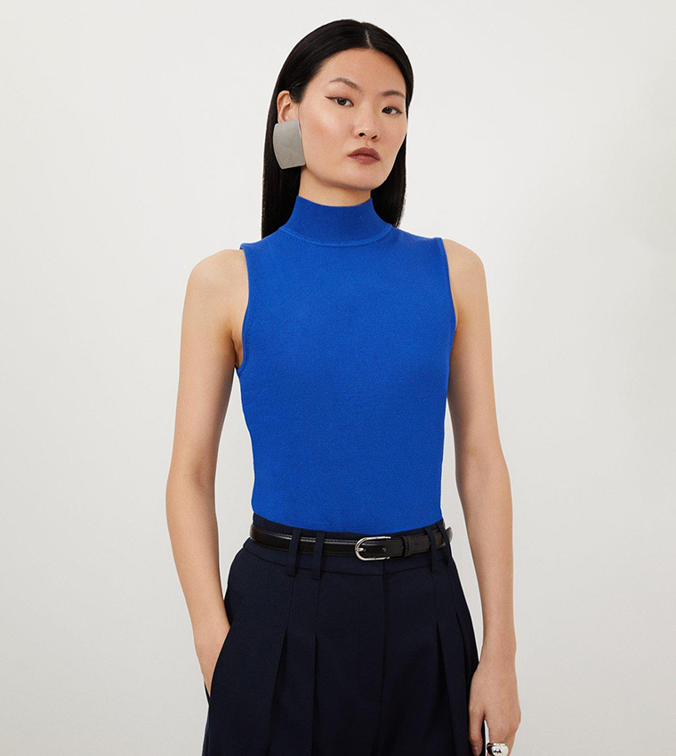 Buy Karen Millen Viscose Blend Funnel Neck Knit Top In Blue | 6thStreet UAE
