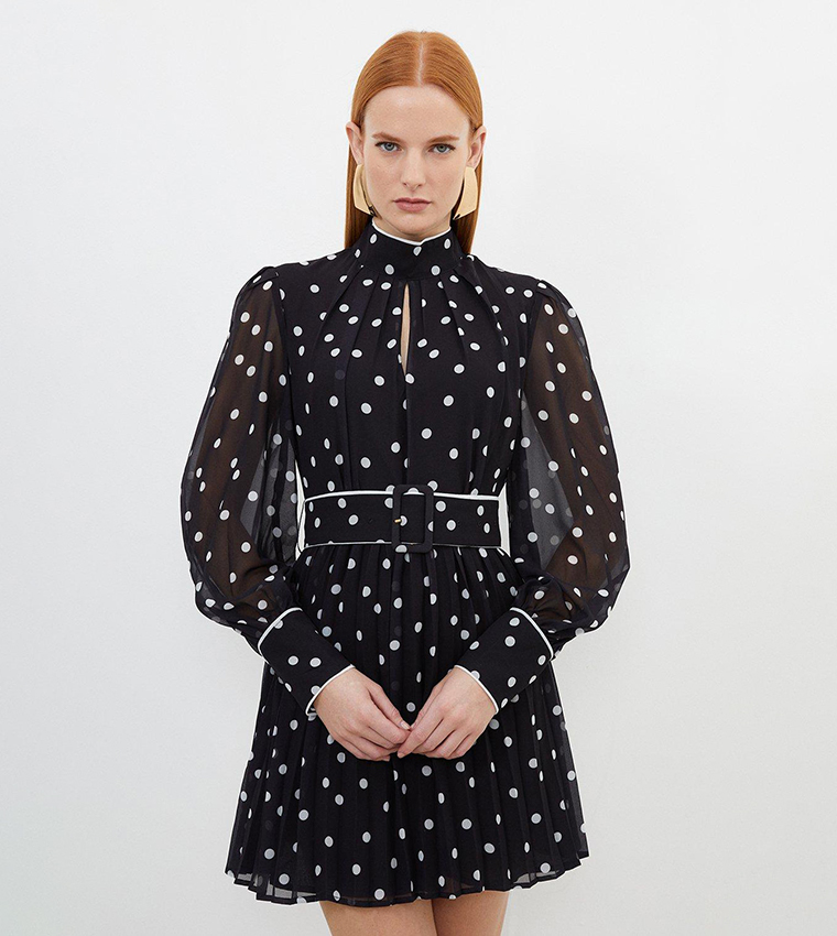 Buy Karen Millen Tall Pleated Contrast Georgette Spot Woven Mini