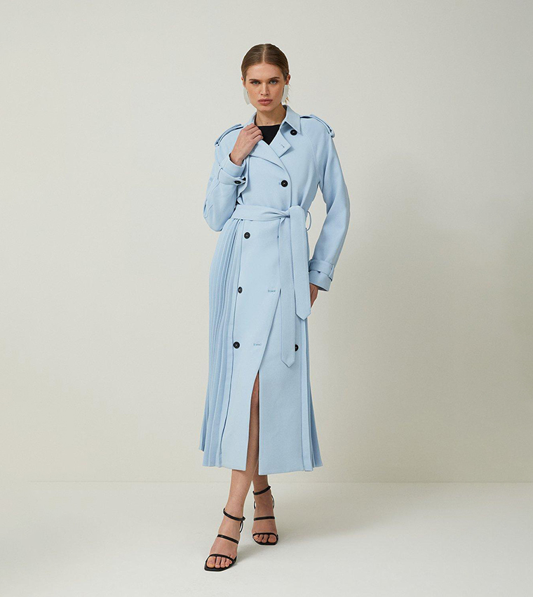 Buy Karen Millen Tailored Pleat Detail Belted Trench Coat In Blue