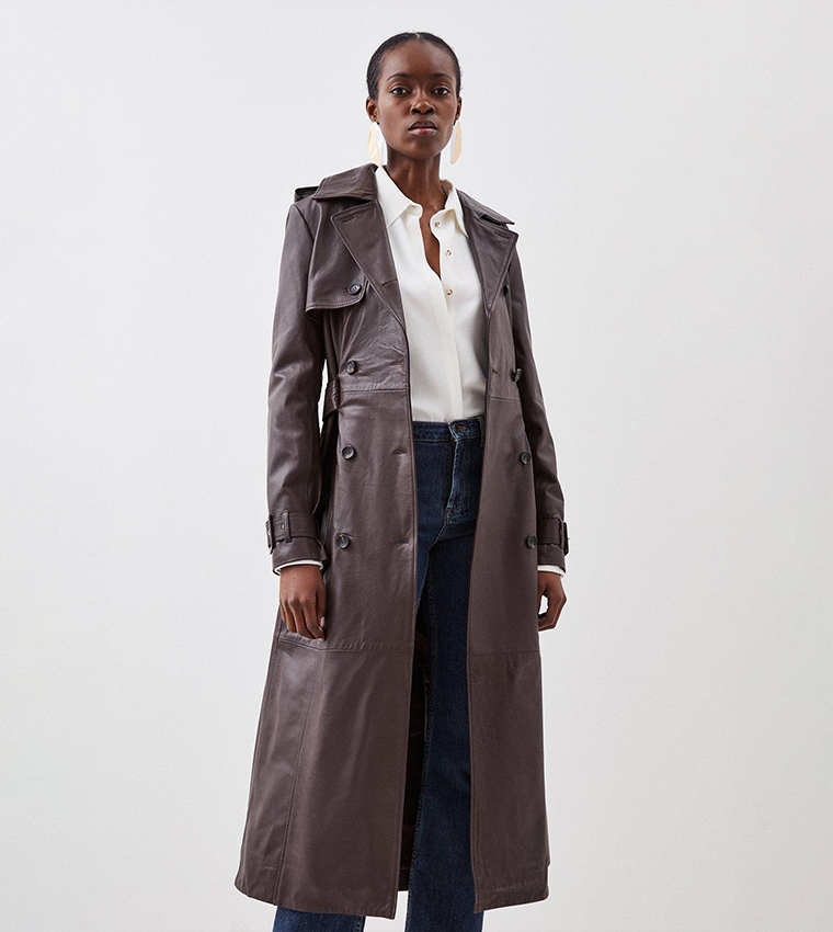 Buy Karen Millen Petite Leather Trench Belted Mac Midi Coat In CHOCOLATE 6thStreet Oman