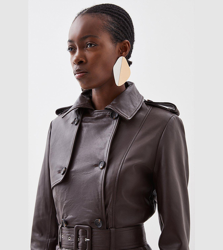 Buy Karen Millen Petite Leather Trench Belted Mac Midi Coat In