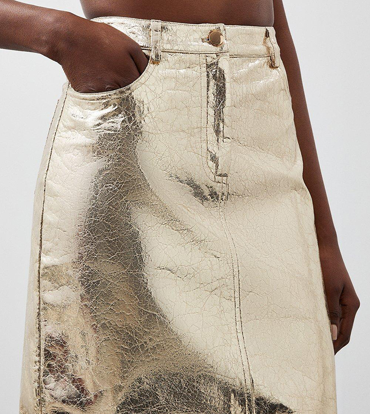 Buy Karen Millen Metallic Faux Leather Midi Skirt In Gold | 6thStreet Oman