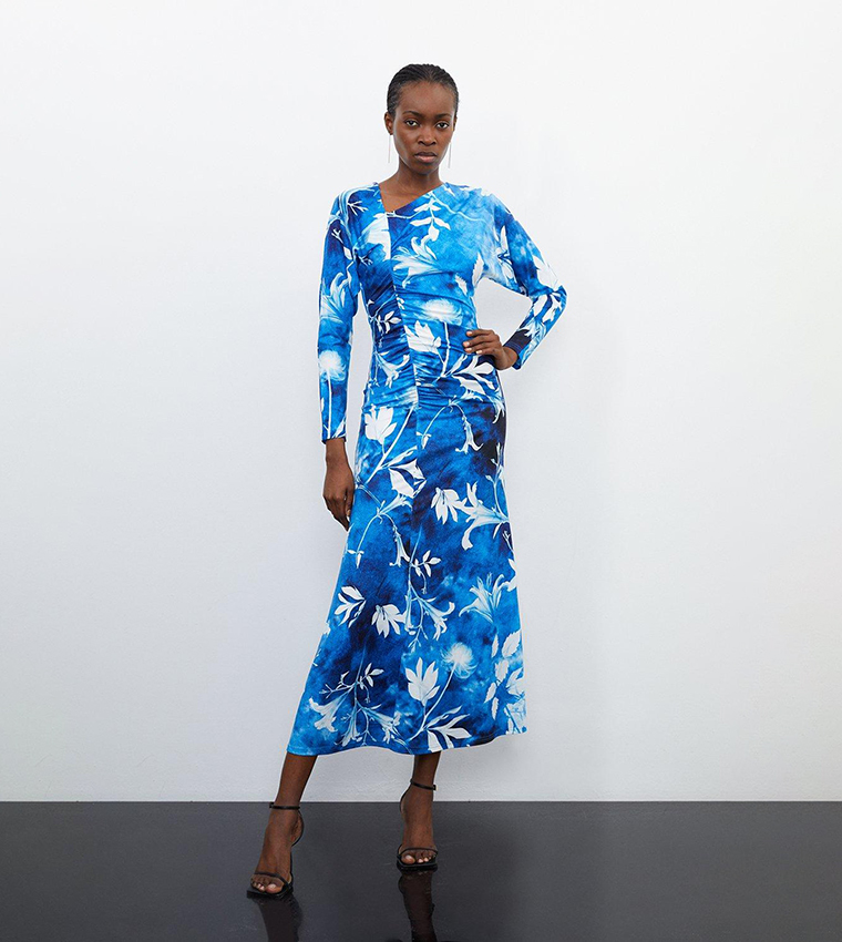 Buy Karen Millen Pressed Floral Print Asymmetric Jersey Crepe Maxi Dress In Blue 6thStreet Kuwait