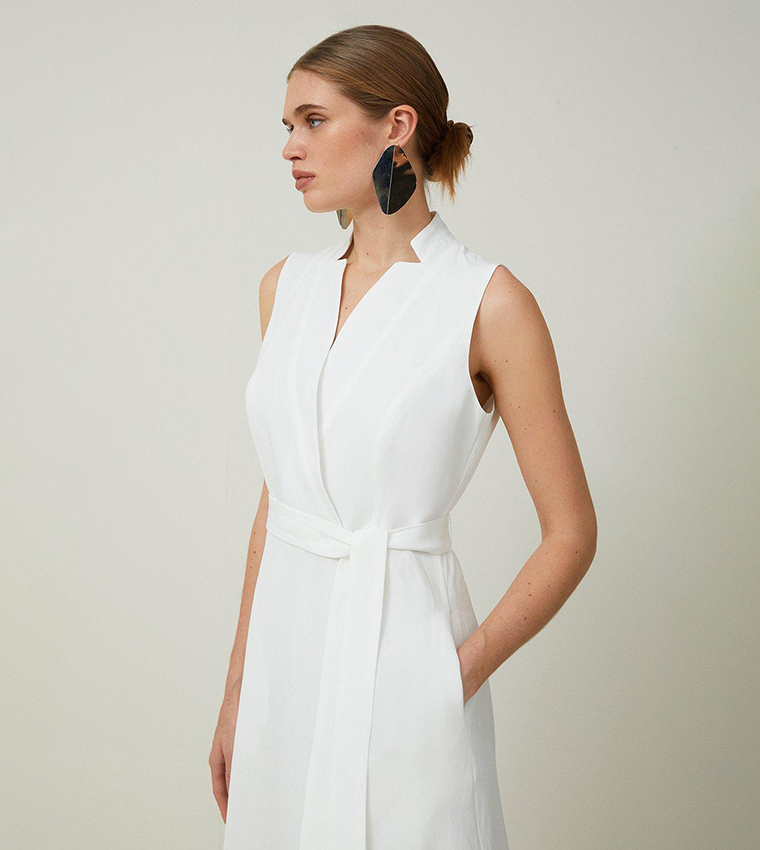 Premium Tailored Linen Notch Neck Belted Midaxi Dress