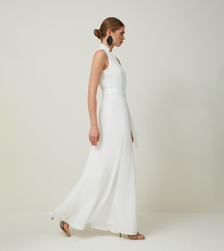 Premium Tailored Linen Notch Neck Belted Midaxi Dress