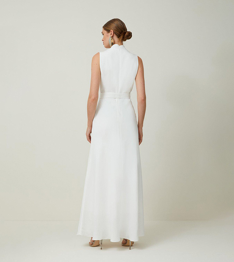 Premium Tailored Linen Notch Neck Belted Midaxi Dress