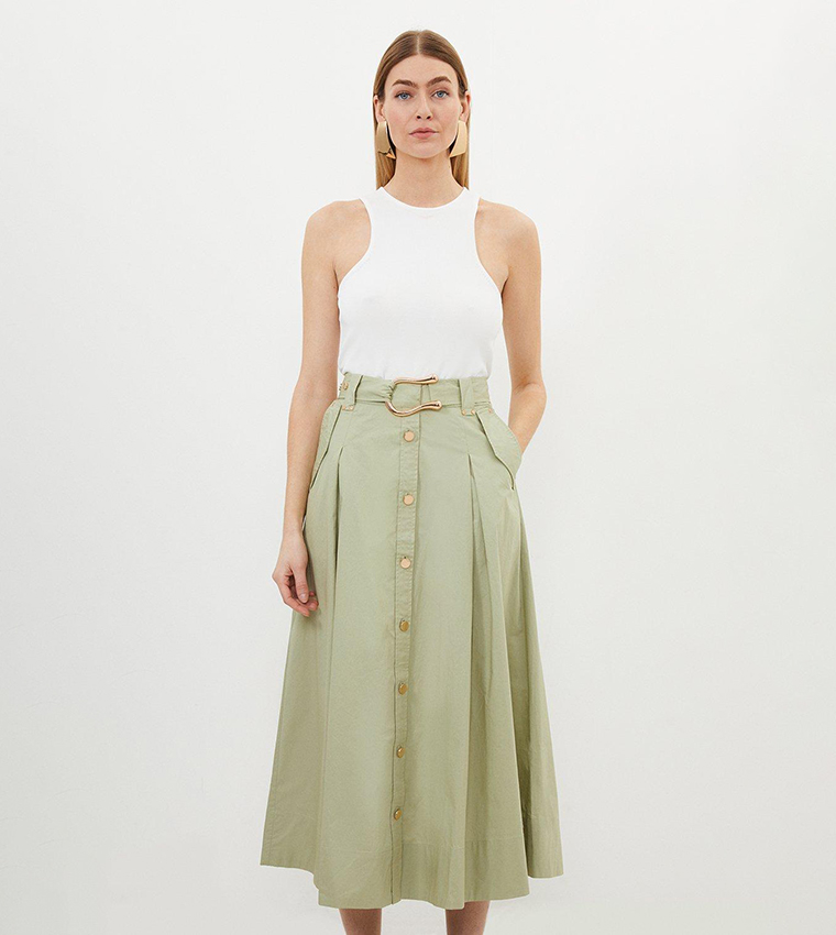 Buy Karen Millen Cotton Sateen Button Woven Midi Skirt In Khaki 6thStreet Qatar