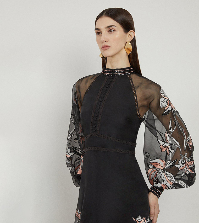 Buy Karen Millen Tall Floral Print Embroidery Organdie Woven Midi