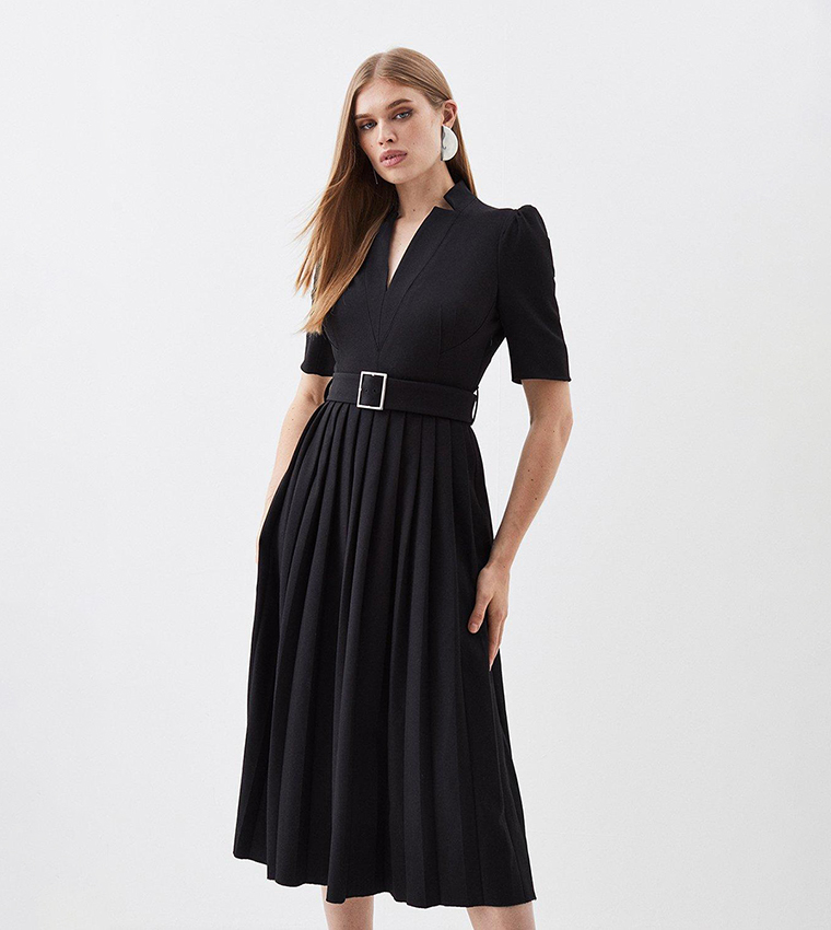 Petite Tailored Structured Crepe Forever Pleat Midi Dress