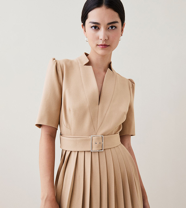 Petite Tailored Structured Crepe Forever Pleat Midi Dress