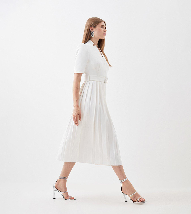 Petite Tailored Structured Crepe Forever Pleat Midi Dress