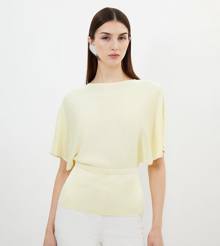 Buy Karen Millen Slinky Viscose Blend Knit Angel Sleeves Tie Detail Top In Yellow 6thStreet Bahrain