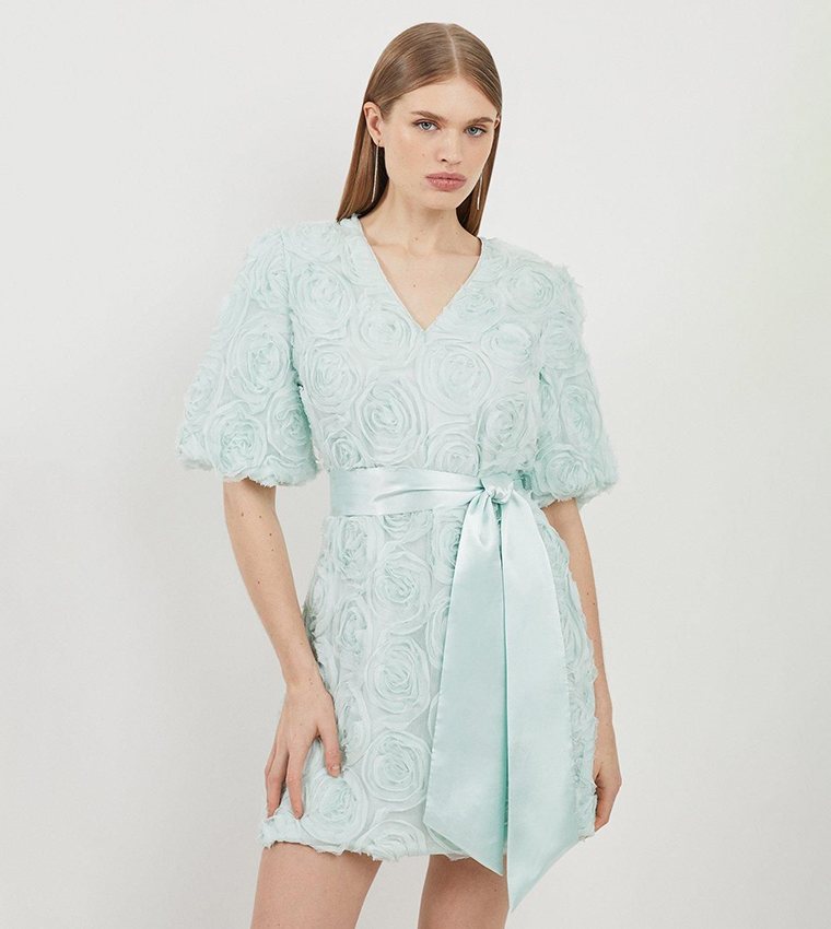 Romantic Rosette Texture Woven Tie Waist Mini Dress