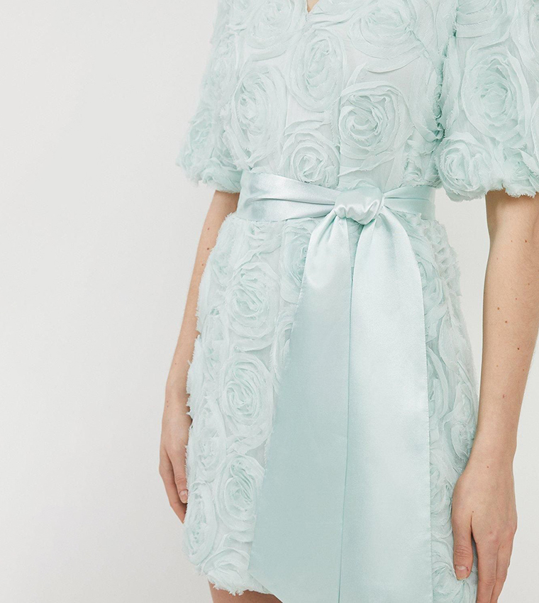 Romantic Rosette Texture Woven Tie Waist Mini Dress