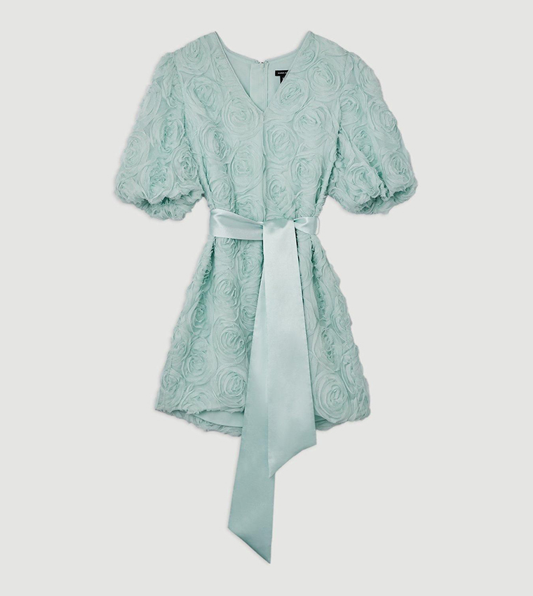Romantic Rosette Texture Woven Tie Waist Mini Dress