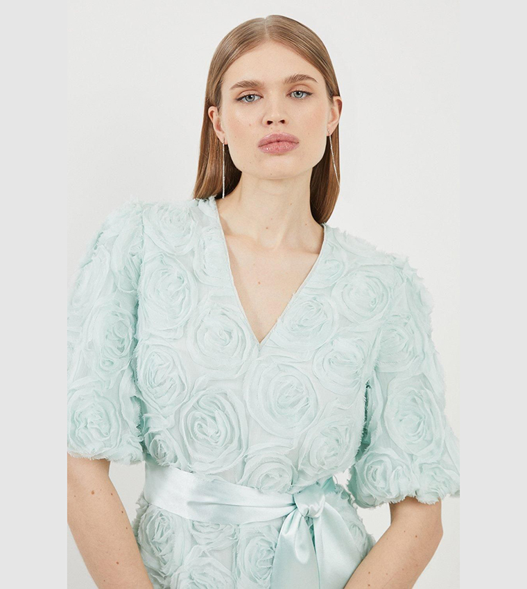Romantic Rosette Texture Woven Tie Waist Mini Dress