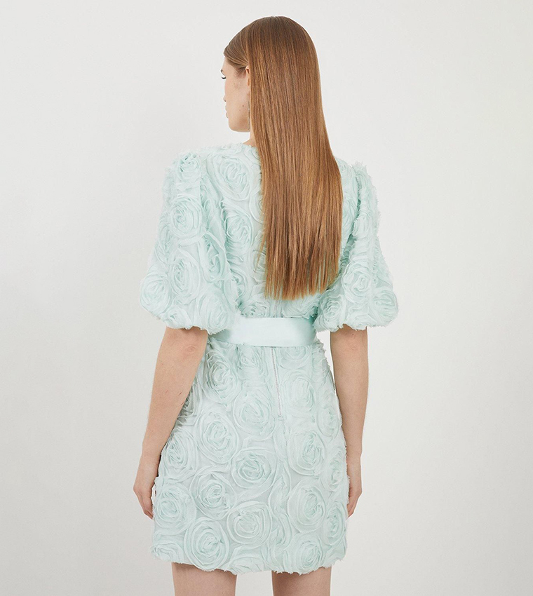 Romantic Rosette Texture Woven Tie Waist Mini Dress