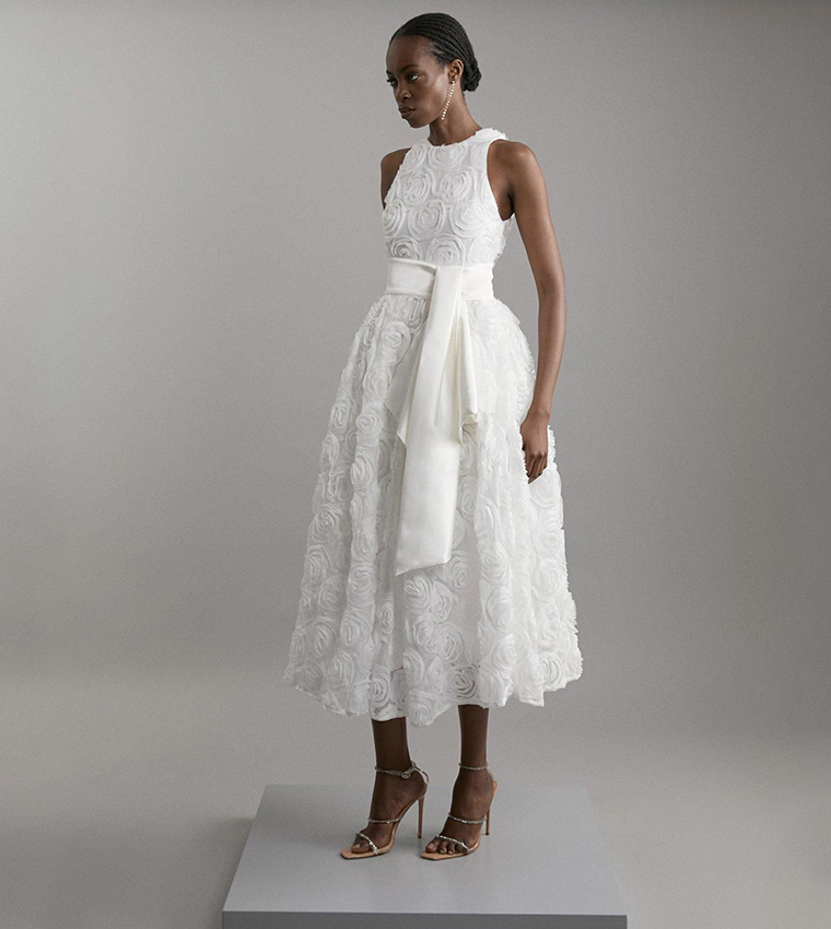 Romantic Rosette Texture Woven Prom Midi Dress