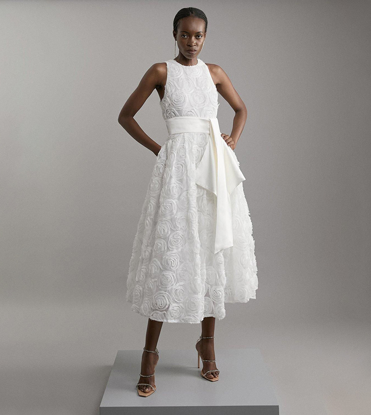 Romantic Rosette Texture Woven Prom Midi Dress