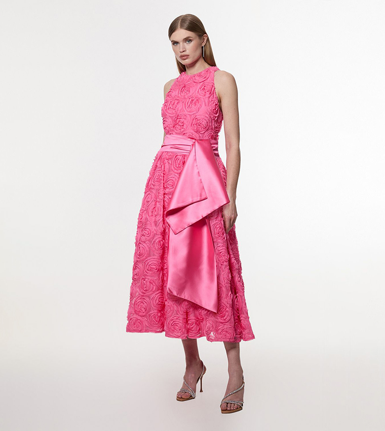 Romantic Rosette Texture Woven Prom Midi Dress