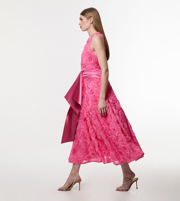 Romantic Rosette Texture Woven Prom Midi Dress