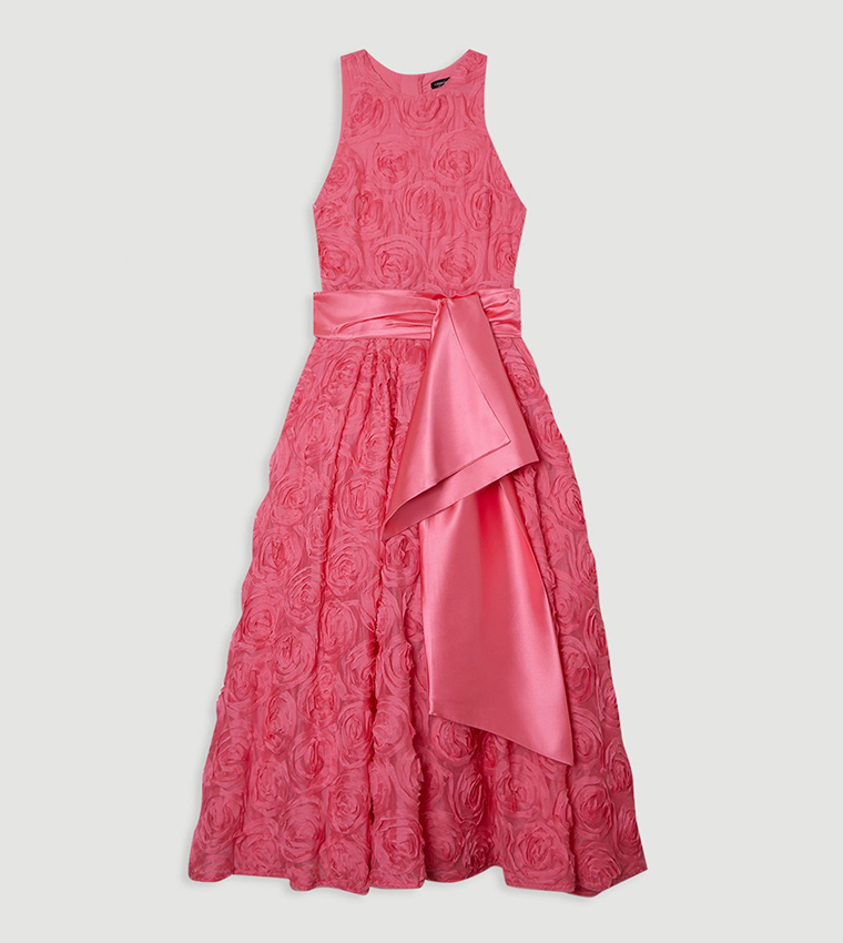 Romantic Rosette Texture Woven Prom Midi Dress