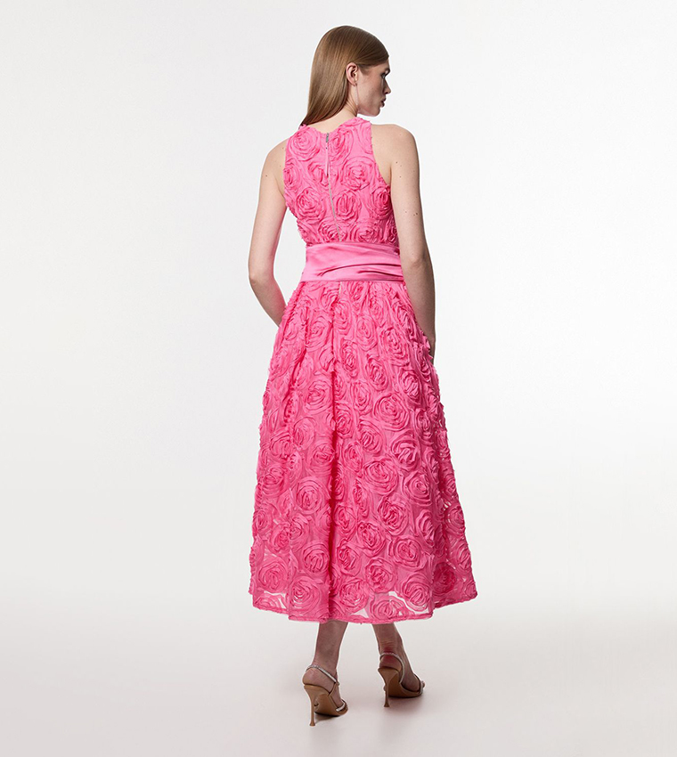 Romantic Rosette Texture Woven Prom Midi Dress