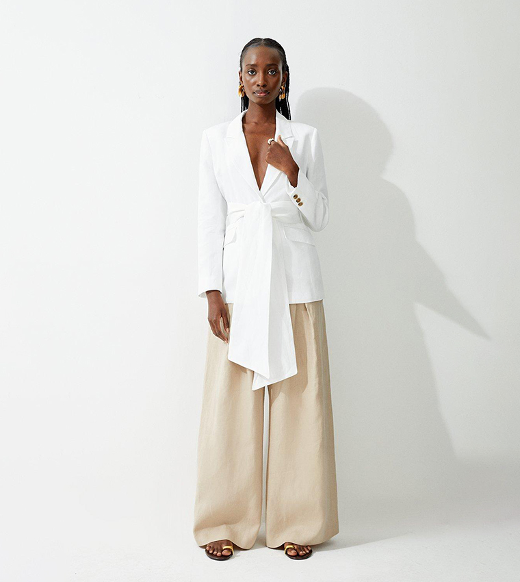 Buy Karen Millen Outlet Fluid Tailored Linen Tie Waist Longline Blazer In Ivory 6thStreet Oman