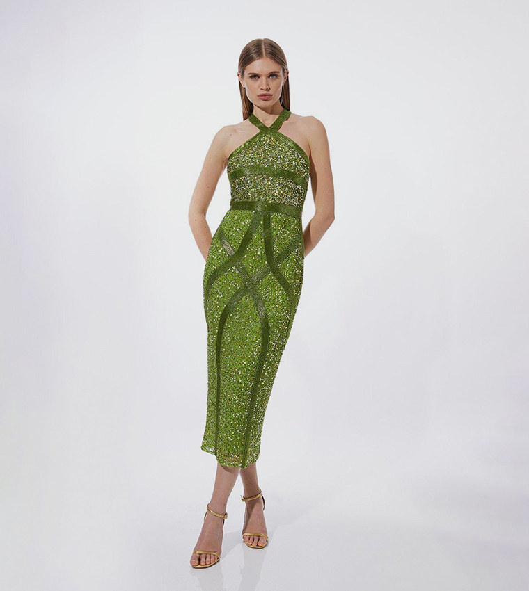 Sequin Halter Woven Midi Dress
