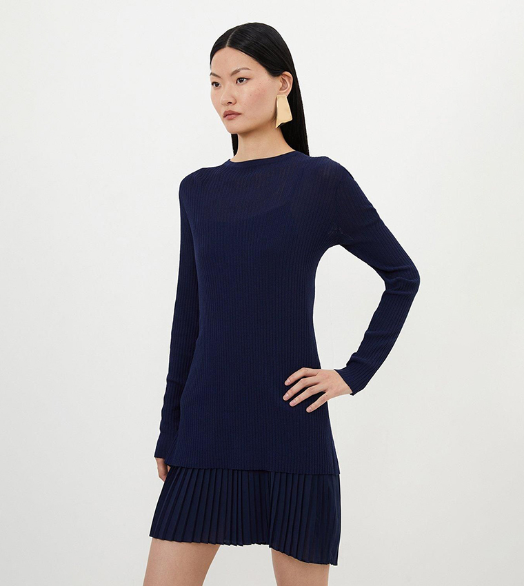 Buy Karen Millen Rib Knitted 2 In 1 Dress With Georgette Pleated Slip In Navy | 6thstreet Bahrain Buy Karen Millen Rib Knitted 2 In 1 Dress With Georgette Pleated Slip In Navy | 6thstreet Bahrain