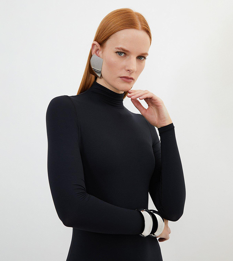 Contour Jersey High Neck Long Sleeves Mini Dress