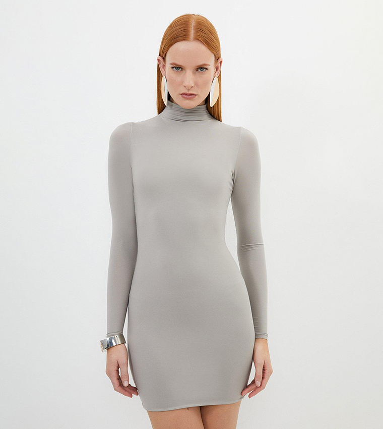 Contour Jersey High Neck Long Sleeves Mini Dress