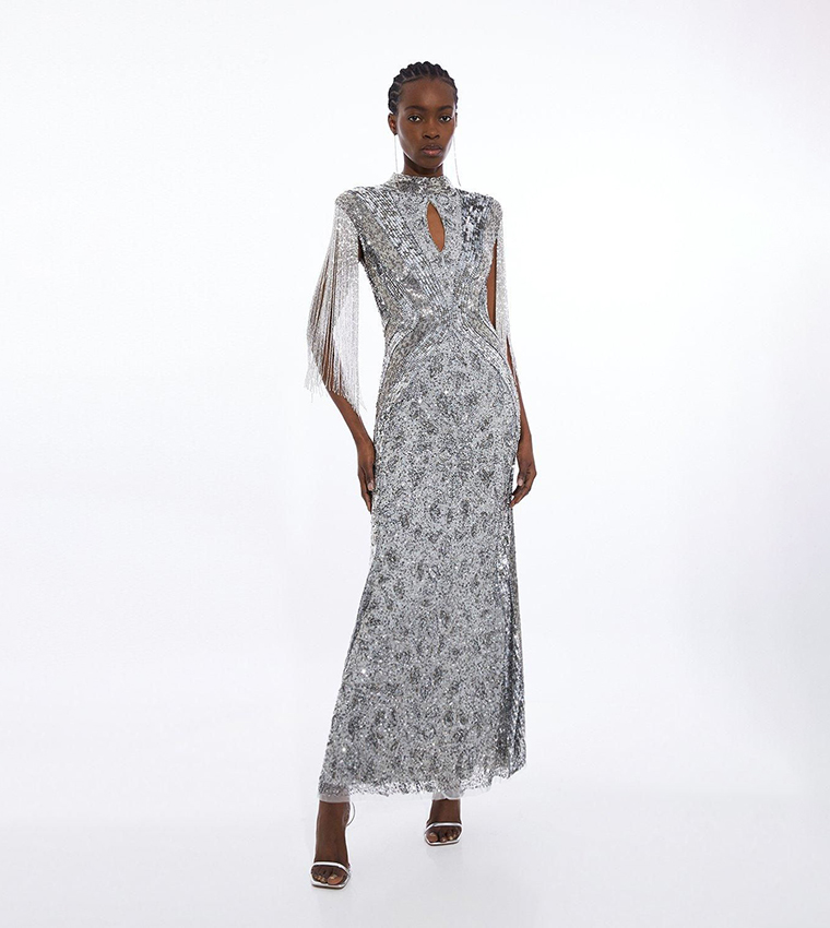 silver karen millen dress Karen Millen Foil Metallic Figure Form Bandage Strappy Knit Maxi Dress in Silver