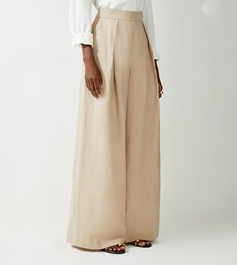Linen Tailored Pleated Wide Leg Trousers