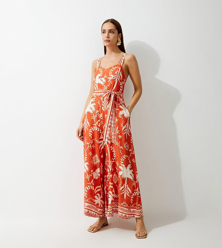 Printed Viscose Woven Tie Waist Wide Leg Jumpsuit