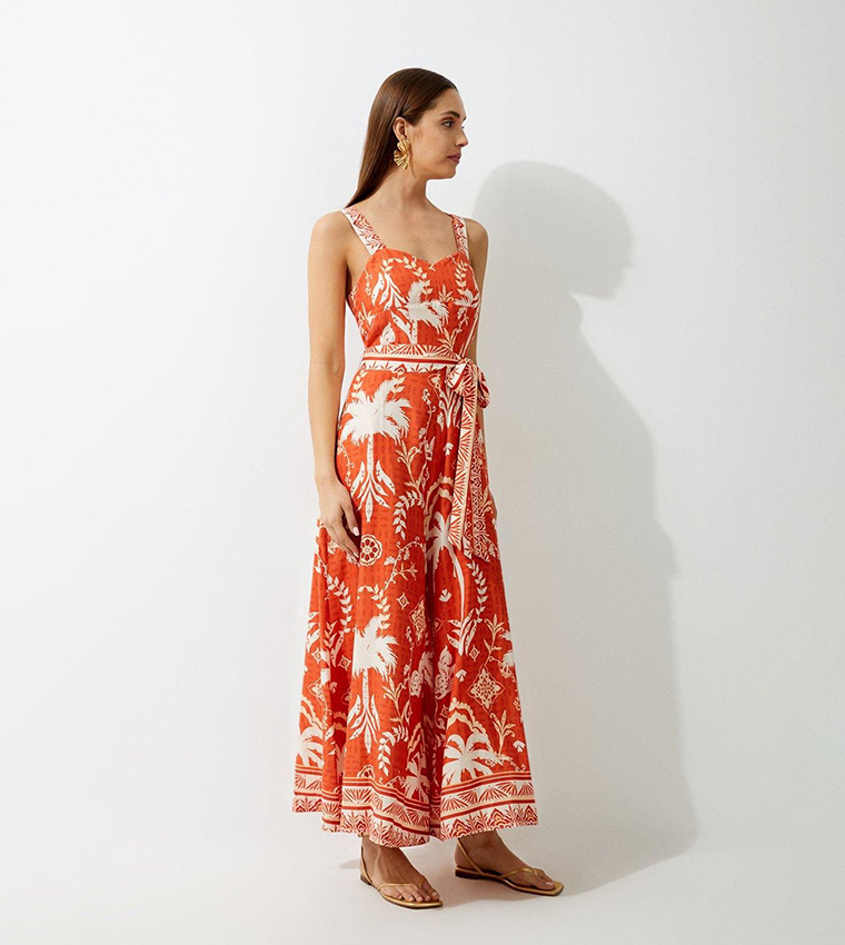 Printed Viscose Woven Tie Waist Wide Leg Jumpsuit